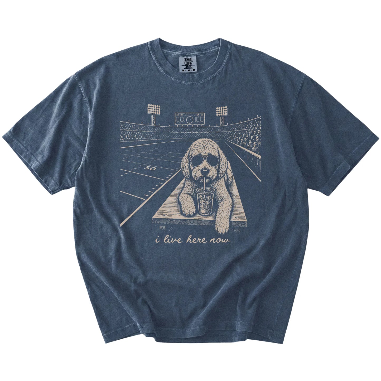 Labradoodle ready for football and tailgate season on a Denim Comfort Colors® T-shirt