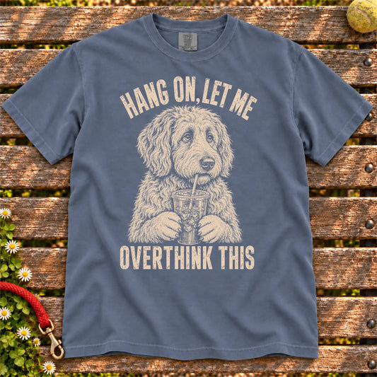 Overthinking Labradoodle design on a Denim Comfort Colors T-shirt, shown flat