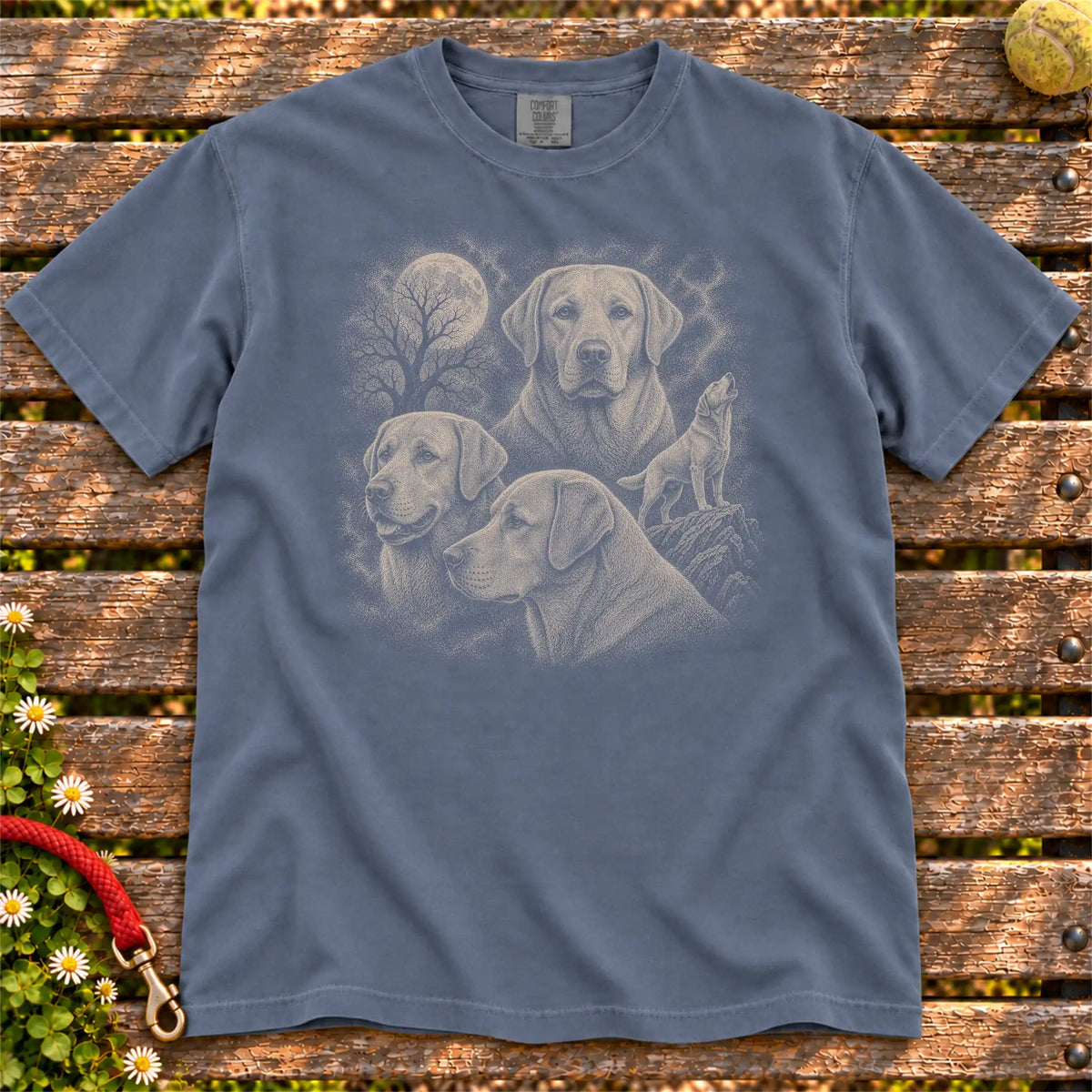 Labrador Retriever 90s Moon design on a Denim T-shirt shown flat