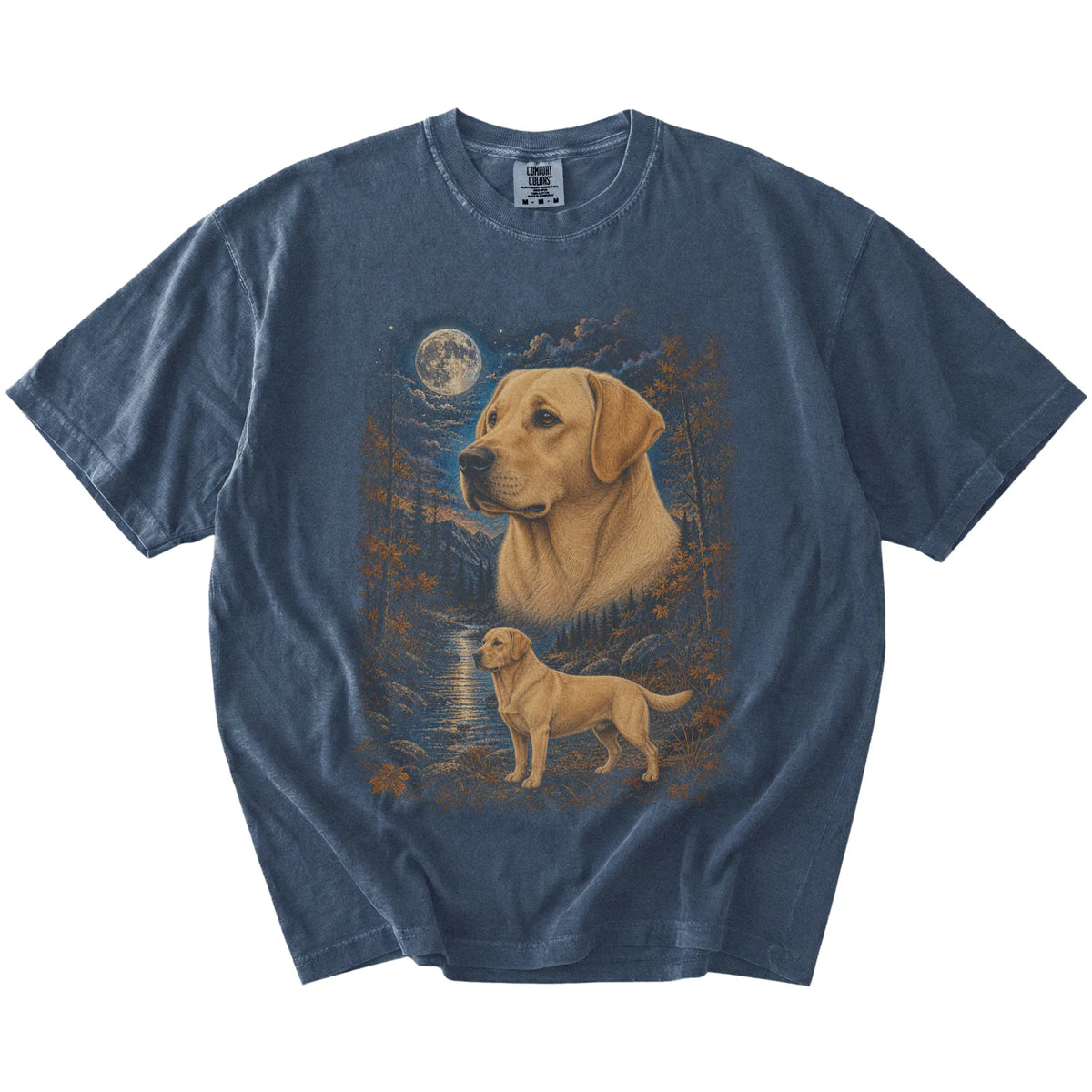 denim T-shirt with Labrador Retriever Autumn Moon artwork.