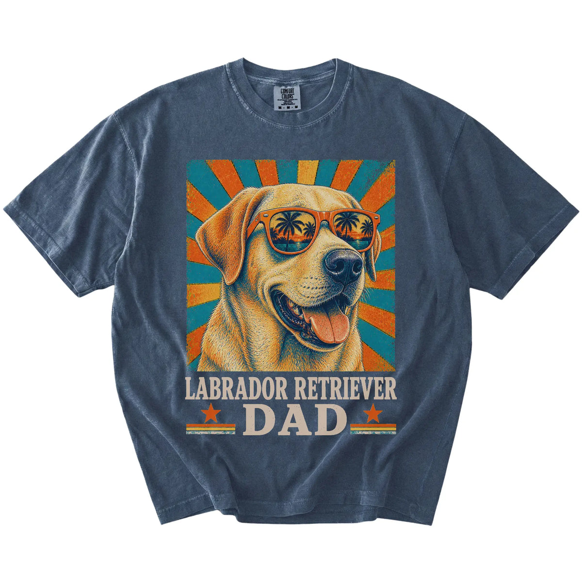 Retro Labrador Retriever Dad design on a Denim Comfort Colors T-shirt