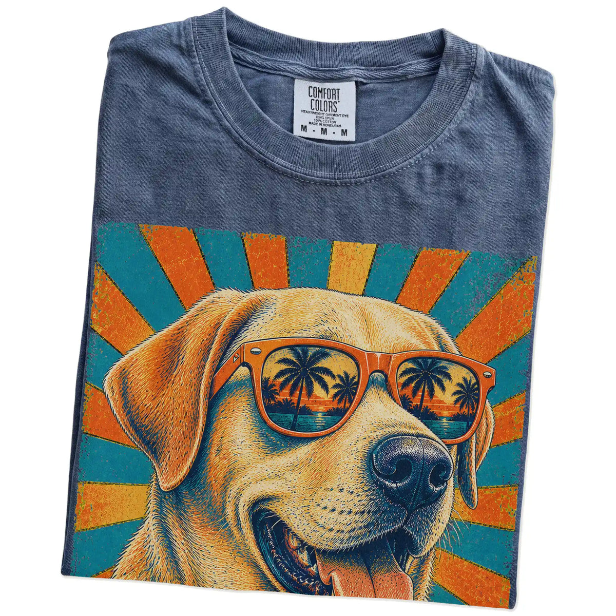 Retro Labrador Retriever Dad design on a Denim Comfort Colors T-shirt folded detail