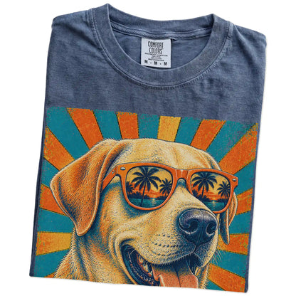 Retro Labrador Retriever Dad design on a Denim Comfort Colors T-shirt folded detail
