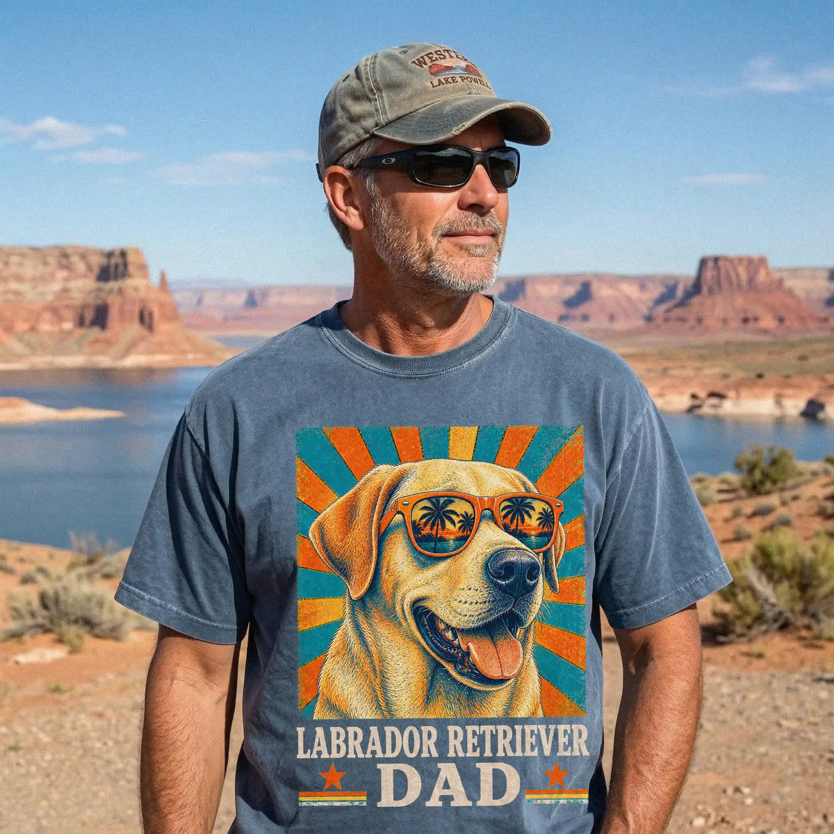 Retro Labrador Retriever Dad design on a Denim Comfort Colors T-shirt worn by a model