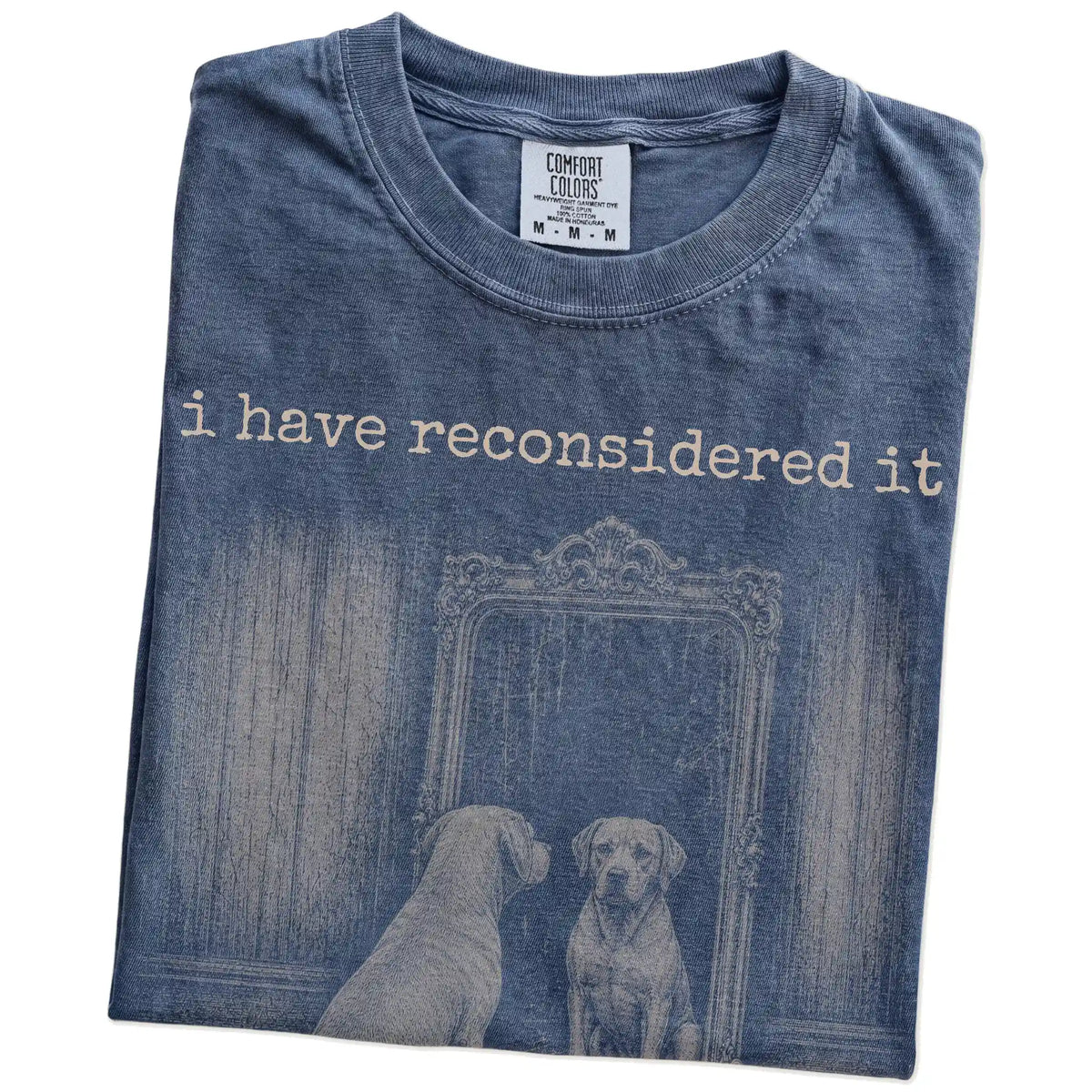 Folded Denim Comfort Colors® T-shirt showing “the answer is still no” labrador retriever design