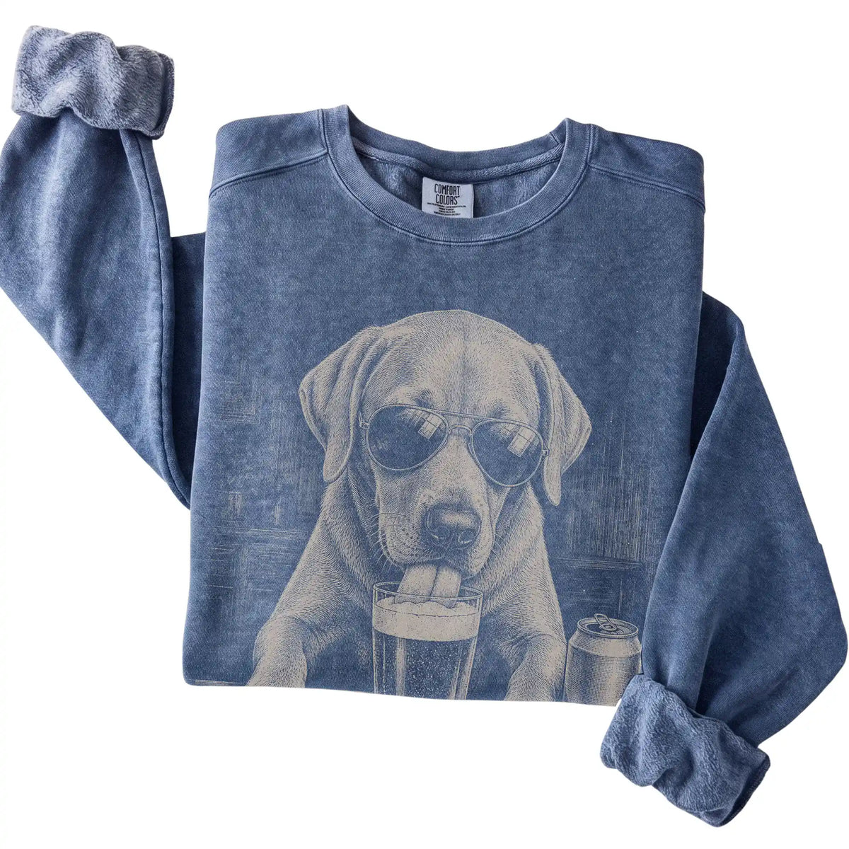 Denim Labrador Retriever drinking from a pint at a bar, folded detail view