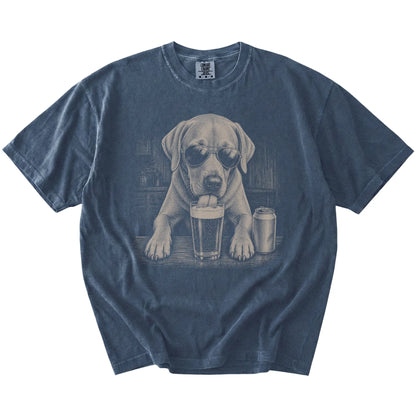 Labrador Retriever sneaking a drink from a foamy pint at home on a Denim Comfort Colors® t-shirt
