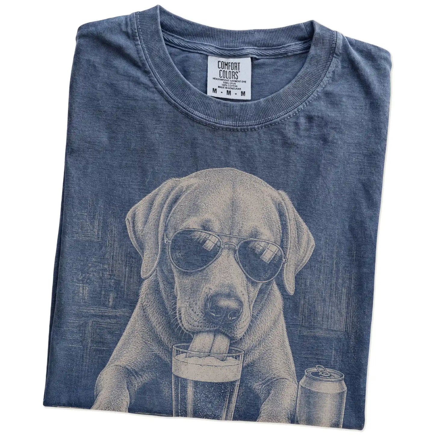 Folded Denim Comfort Colors® t-shirt showing Labrador Retriever sneaking a drink from a pint