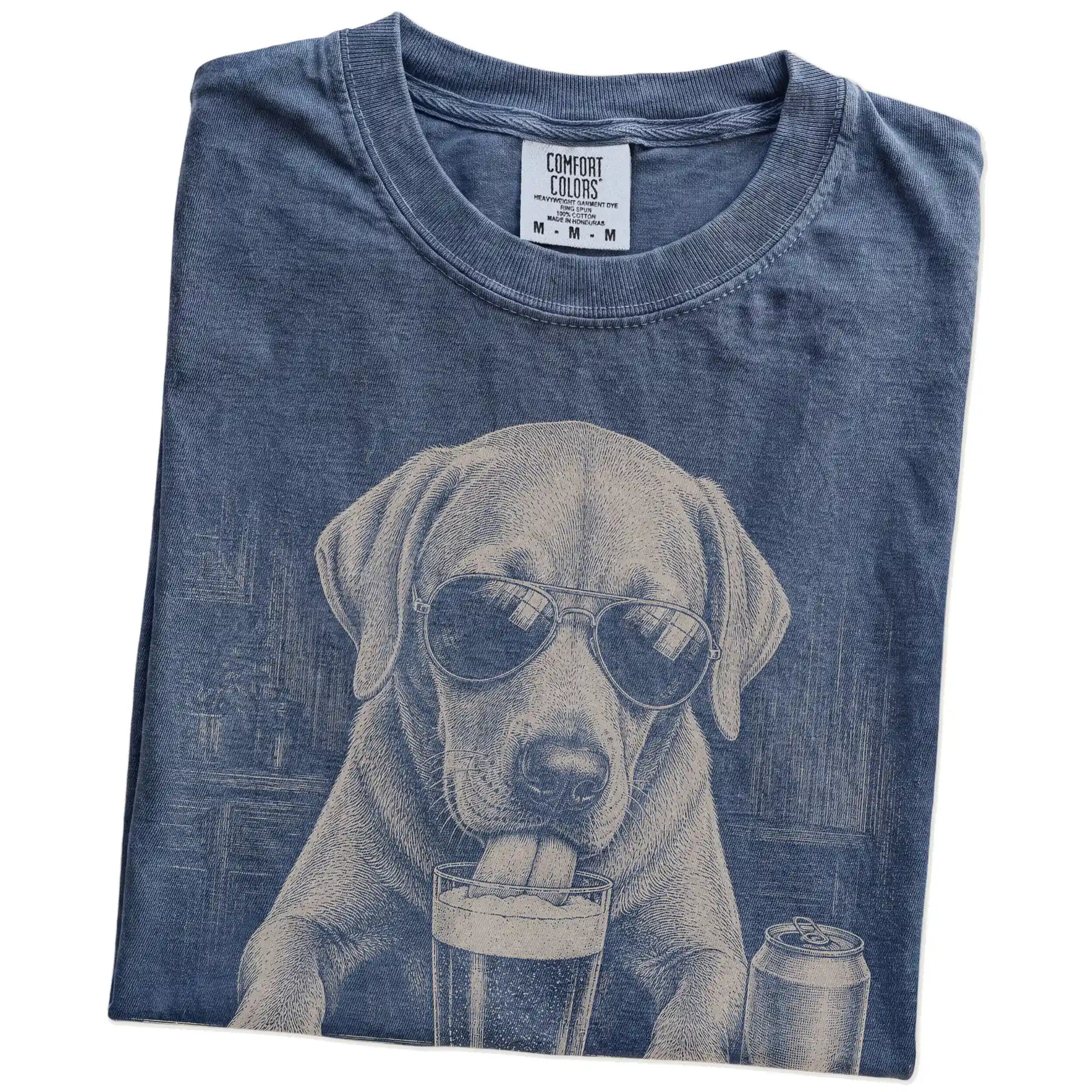 Folded Denim Comfort Colors® t-shirt showing Labrador Retriever sneaking a drink from a pint