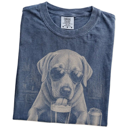 Folded Denim Comfort Colors® t-shirt showing Labrador Retriever sneaking a drink from a pint