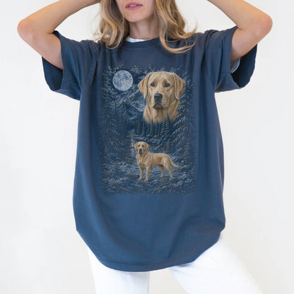 Person wearing a Denim Labrador Retriever winter forest t-shirt