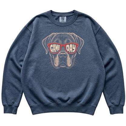 Denim Labrador Retriever Game Day Sunglasses sweatshirt, laid flat