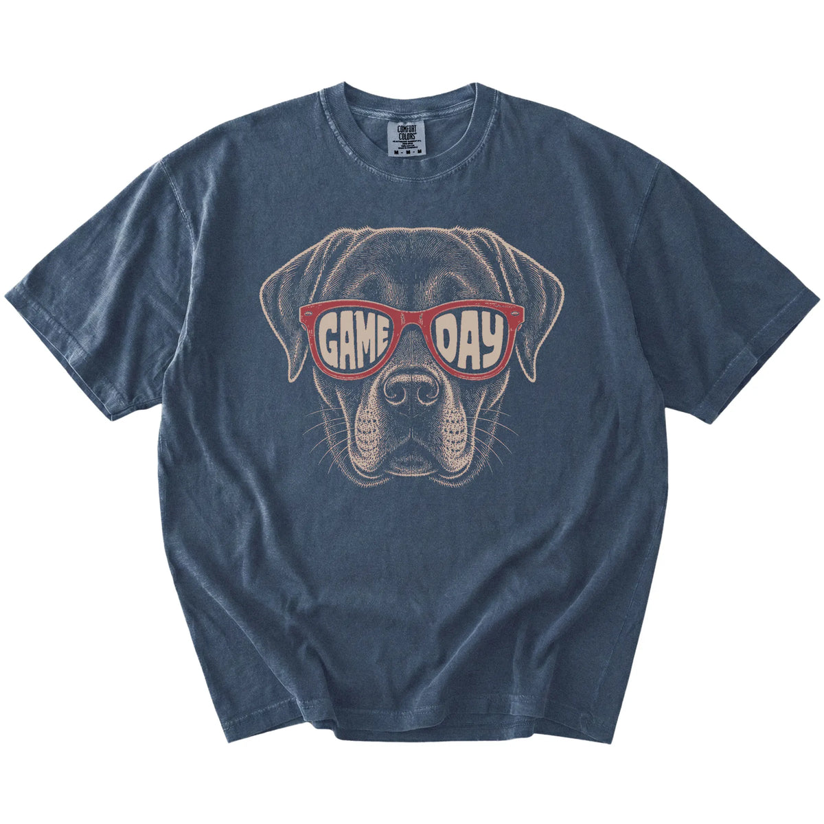Labrador Retriever wearing red Game Day sunglasses on a Denim Comfort Colors® T-shirt