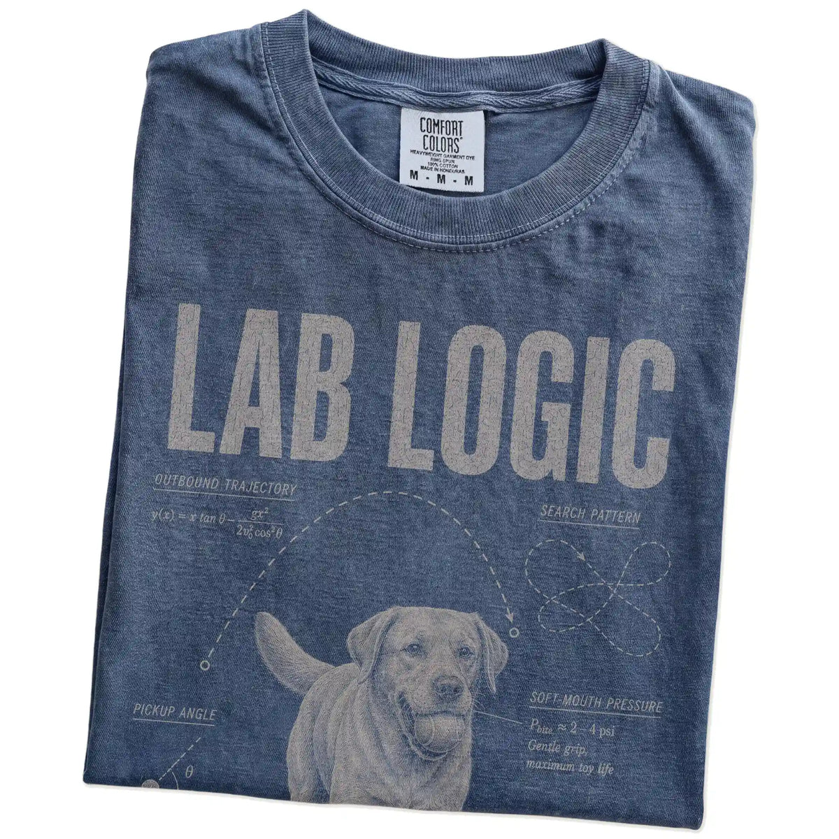 Folded Denim Labrador Retriever Logic T-Shirt showing the graphic