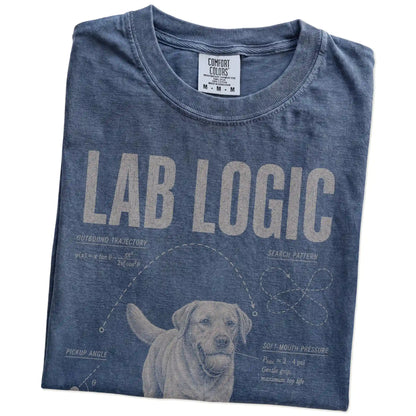 Folded Denim Labrador Retriever Logic T-Shirt showing the graphic
