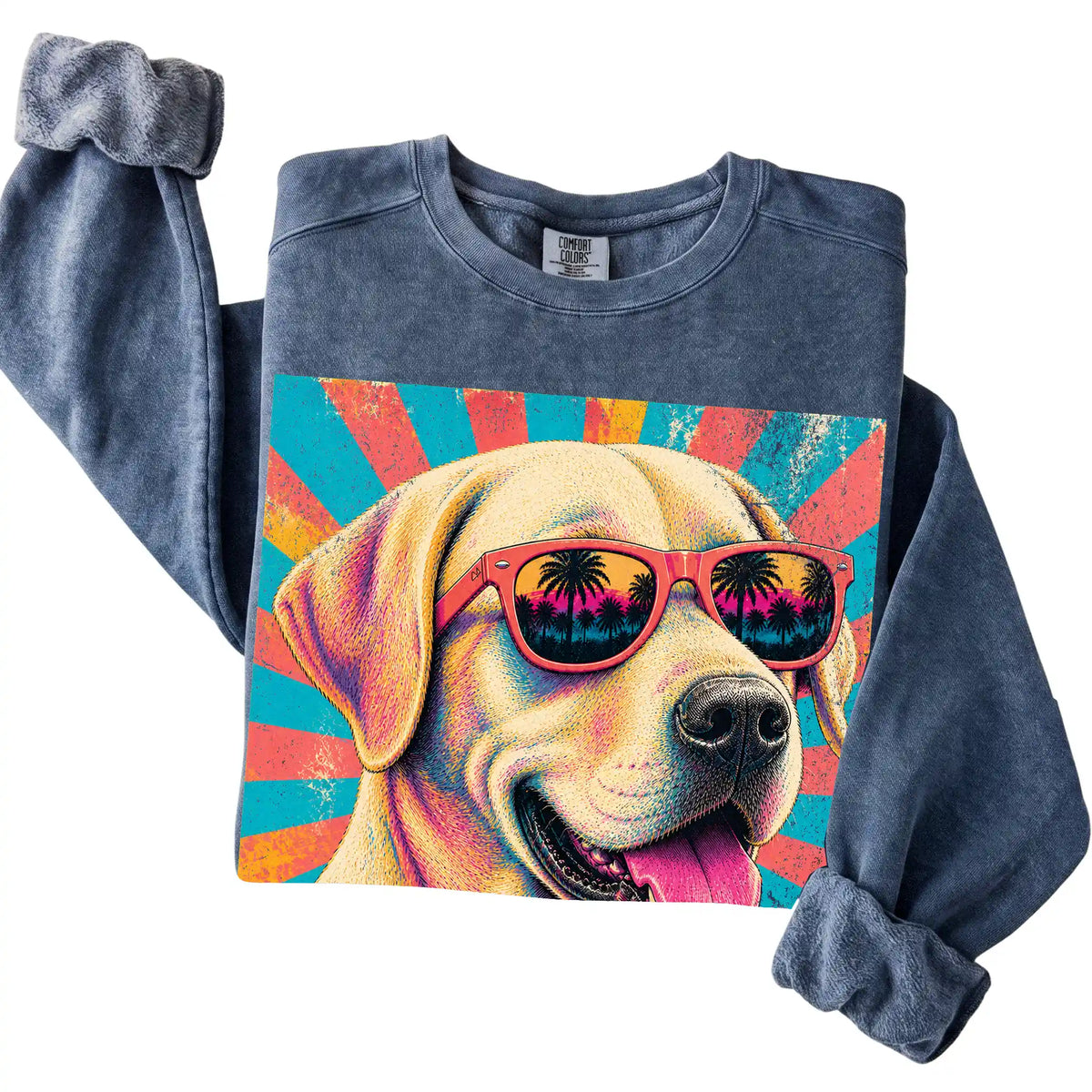Folded Denim Comfort Colors sweatshirt with a Retro Labrador Retriever Mama design