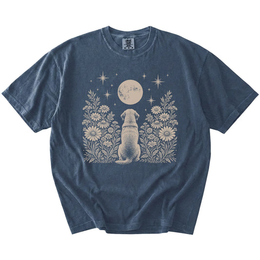 Labrador Retriever beneath a wildflower moon on a Denim Comfort Colors® T-shirt