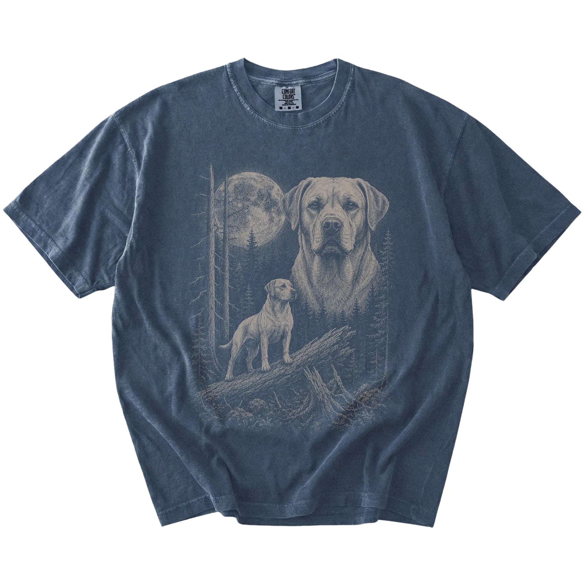 Denim Labrador Retriever Moonlit Forest T-Shirt laid flat