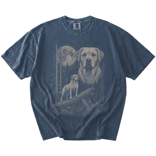 Denim Labrador Retriever Moonlit Forest T-Shirt laid flat