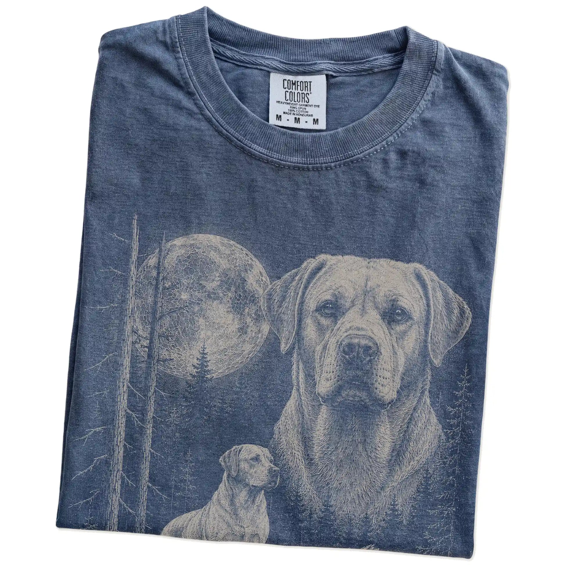 Folded Denim Labrador Retriever Moonlit Forest T-Shirt showing the graphic