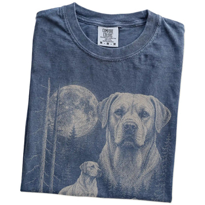 Folded Denim Labrador Retriever Moonlit Forest T-Shirt showing the graphic