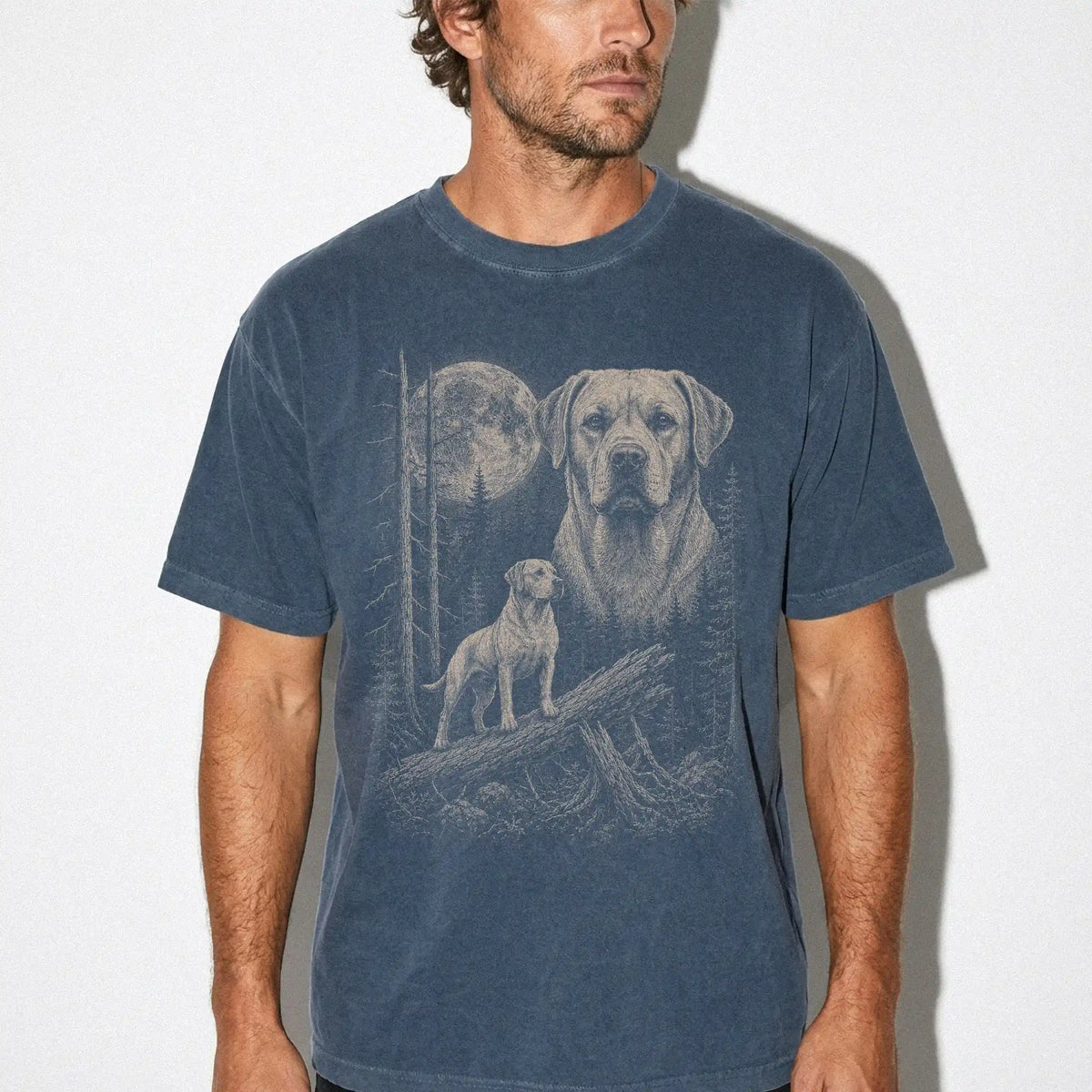 Man wearing a Denim Labrador Retriever Moonlit Forest T-Shirt