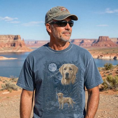 Model wearing a denim T-shirt with Labrador Retriever Winter Moon artwork.