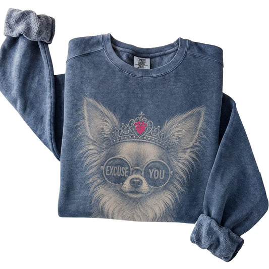 Denim Comfort Colors sweatshirt featuring Long-Haired Chihuahua Excuse You, folded presentation