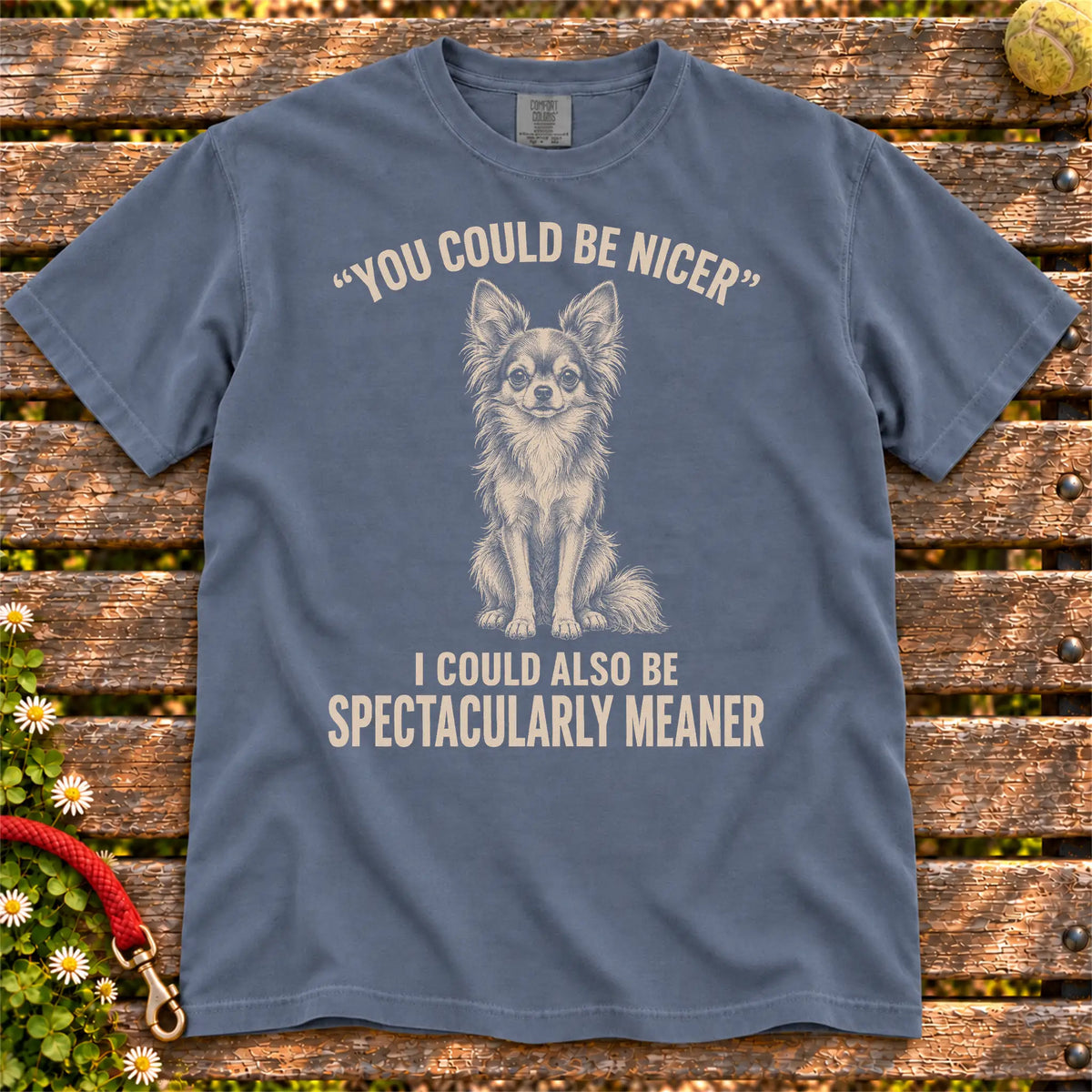 Long-Haired Chihuahua Guard Dog design on a Denim Comfort Colors T-shirt, shown flat