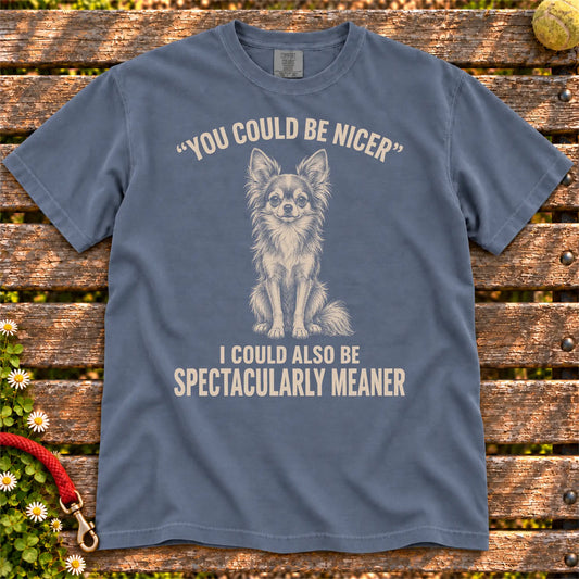 Long-Haired Chihuahua Guard Dog design on a Denim Comfort Colors T-shirt, shown flat