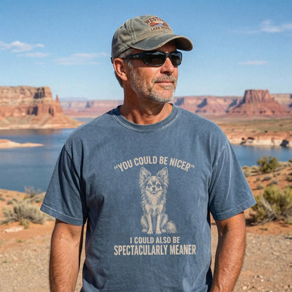 Long-Haired Chihuahua Guard Dog T-Shirt in Denim worn in a studio setting