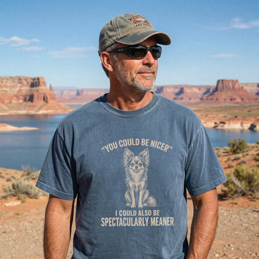 Long-Haired Chihuahua Guard Dog T-Shirt in Denim worn in a studio setting
