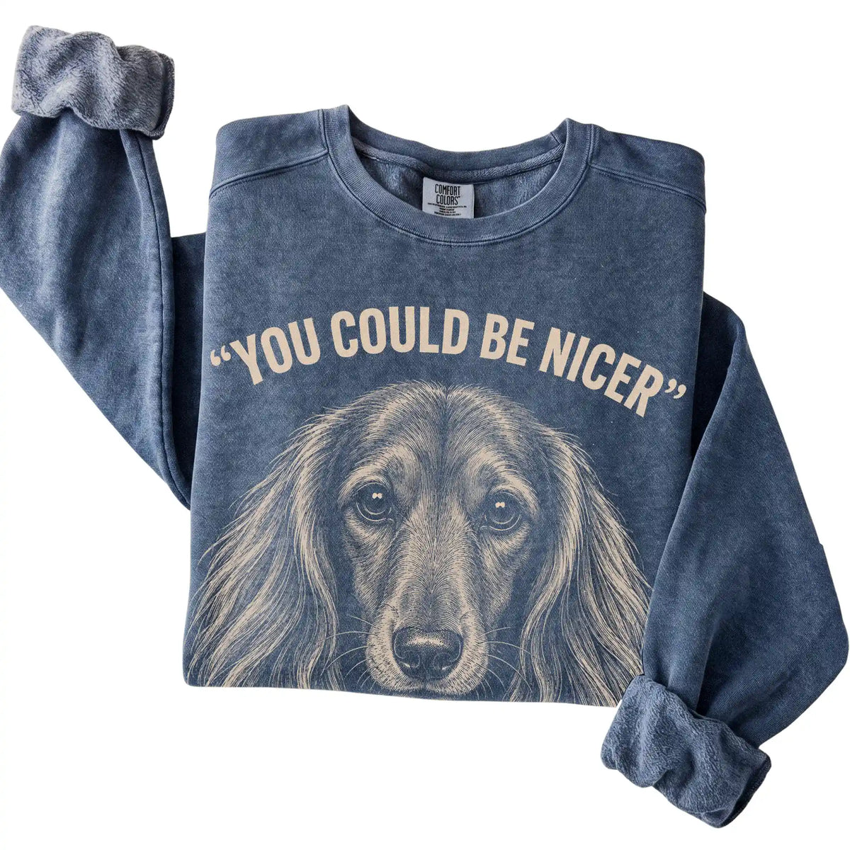 Close view of the Long-Haired Dachshund Guard Dog sweatshirt in Denim