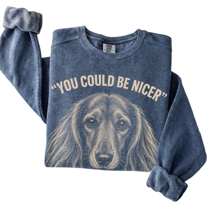 Close view of the Long-Haired Dachshund Guard Dog sweatshirt in Denim