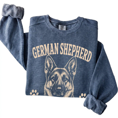 Denim Comfort Colors® sweatshirt featuring Loyal, Alert & Judging Quietly - German Shepherd, folded presentation