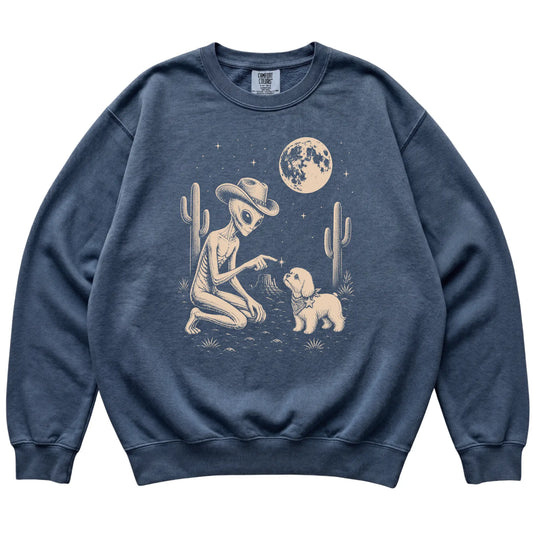 Denim Comfort Colors® sweatshirt featuring Maltese Cowboy and Alien, laid-flat presentation
