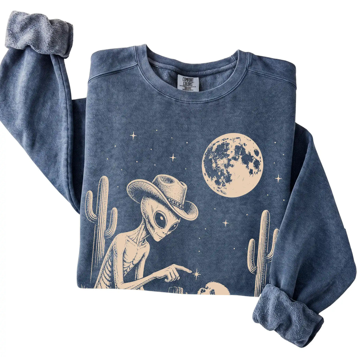 Denim Comfort Colors® sweatshirt featuring Maltese Cowboy and Alien, folded presentation