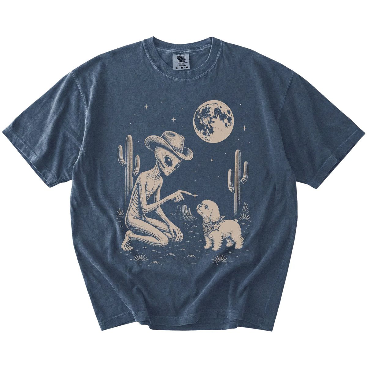 Cowboy alien fist-bumping a Maltese beneath the moon on a Denim Comfort Colors® T-shirt