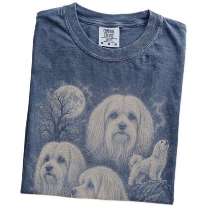 Folded Denim Comfort Colors® T-shirt showing a vintage moon montage featuring Maltese