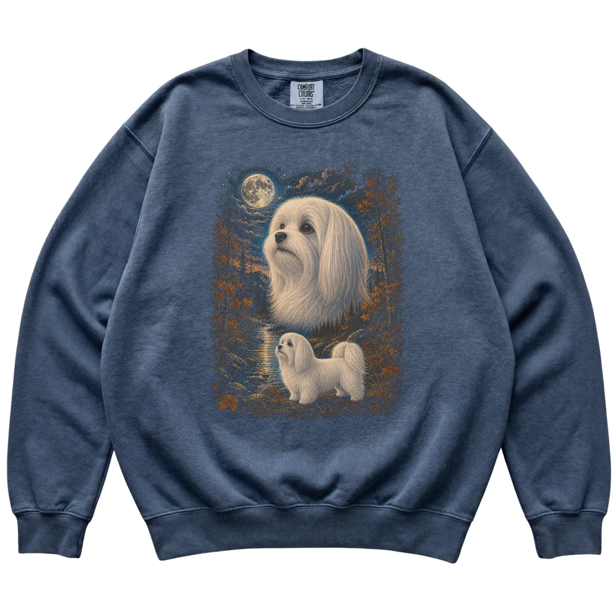 denim sweatshirt with Maltese Autumn Moon artwork.
