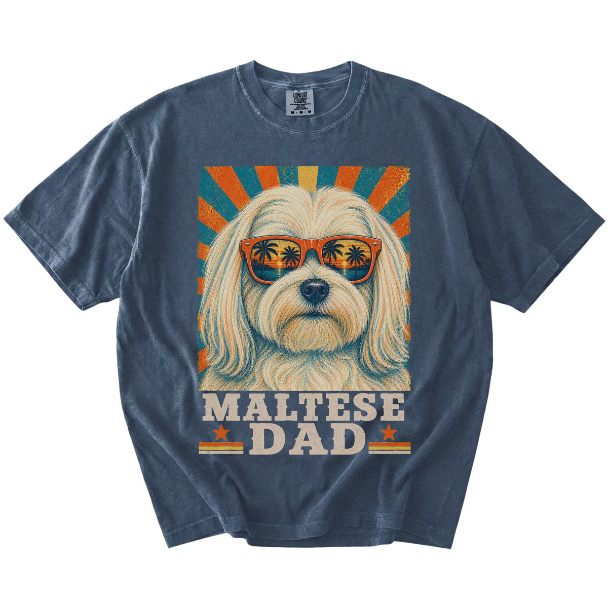 Retro Maltese Dad design on a Denim Comfort Colors T-shirt