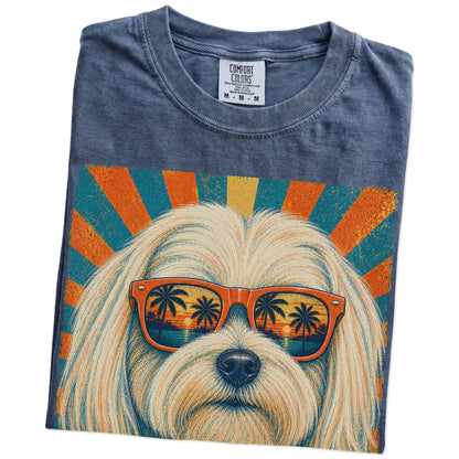 Retro Maltese Dad design on a Denim Comfort Colors T-shirt folded detail