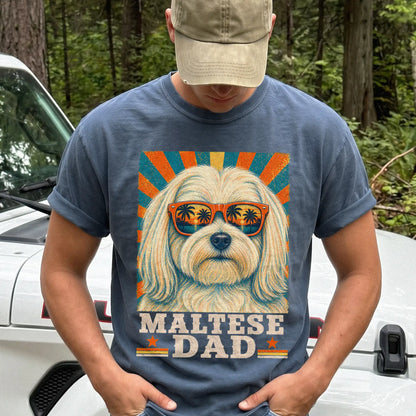 Retro Maltese Dad design on a Denim Comfort Colors T-shirt worn by a model