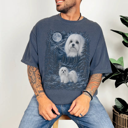 Person wearing a Denim Maltese winter forest t-shirt