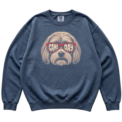 Denim Maltese Game Day Sunglasses sweatshirt, laid flat