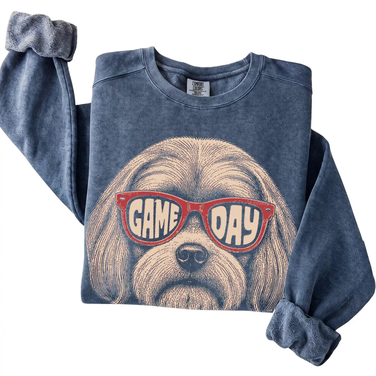Denim Maltese Game Day Sunglasses sweatshirt, folded