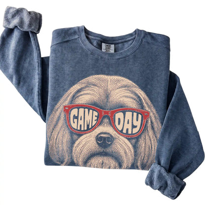 Denim Maltese Game Day Sunglasses sweatshirt, folded