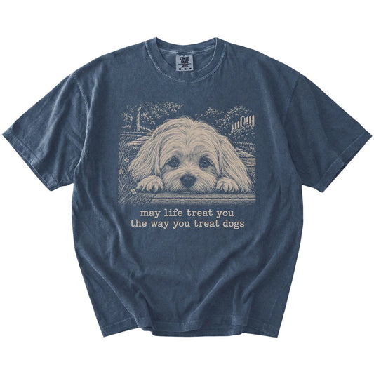Maltese Karma Comfort Colors T-shirt in Denim — Flat Lay