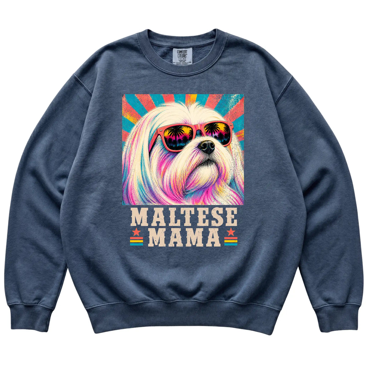 Retro Maltese Mama design on a Denim Comfort Colors sweatshirt