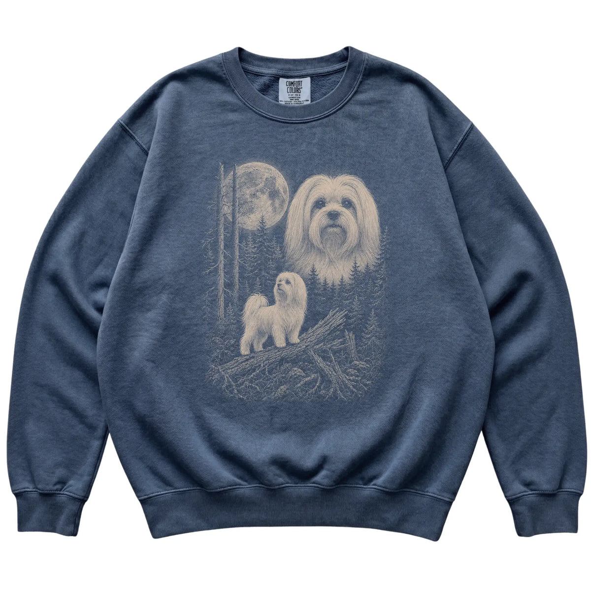 Denim Maltese Moonlit Forest Comfort Colors sweatshirt, flat view